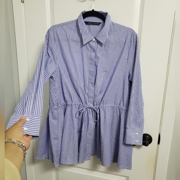 ZARA Blue and White Striped Peplum Button-Up Blouse - Picture 3 of 7